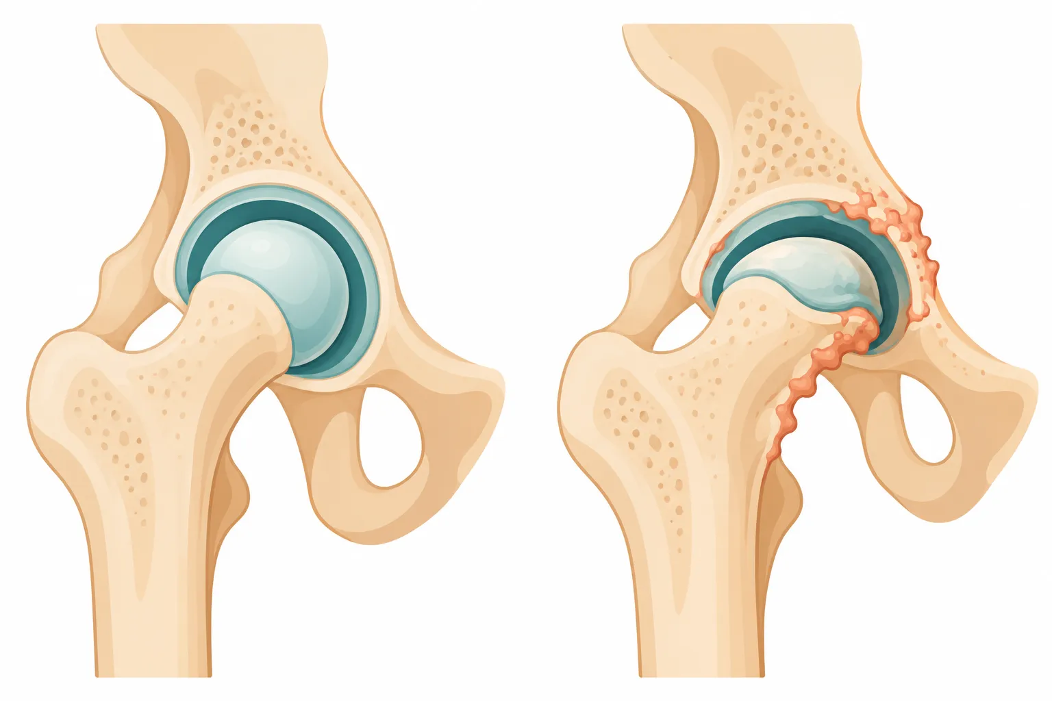 Comparação entre um quadril normal, com a cabeça femoral bem assentada no acetábulo, e um quadril displásico, com subluxação, acetábulo raso e osteófitos