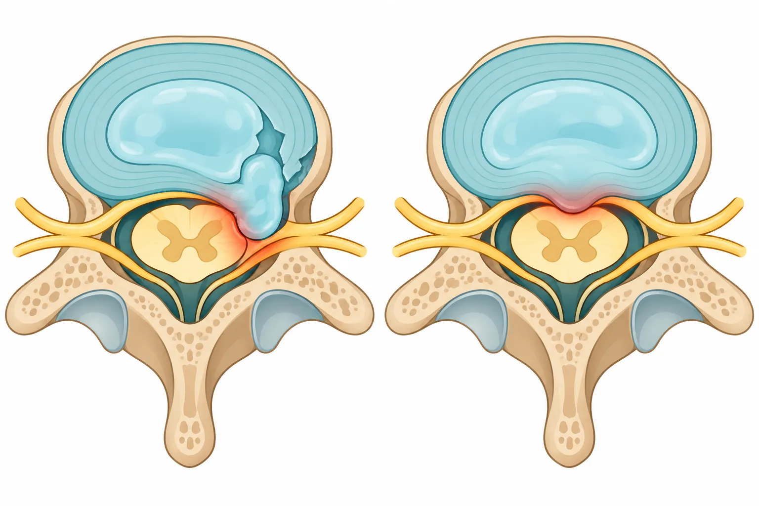Comparação entre extrusão súbita do núcleo pulposo e protrusão lenta do anel fibroso comprimindo a medula