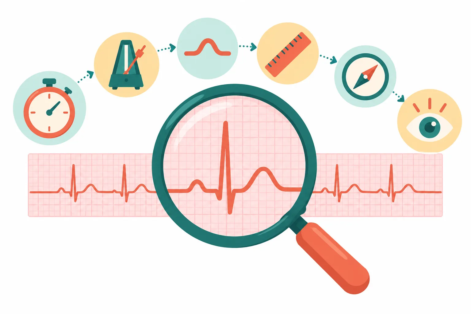 Fita de ECG sob uma lupa cercada por seis ícones em sequência: cronômetro, metrônomo, onda, régua, bússola e olho