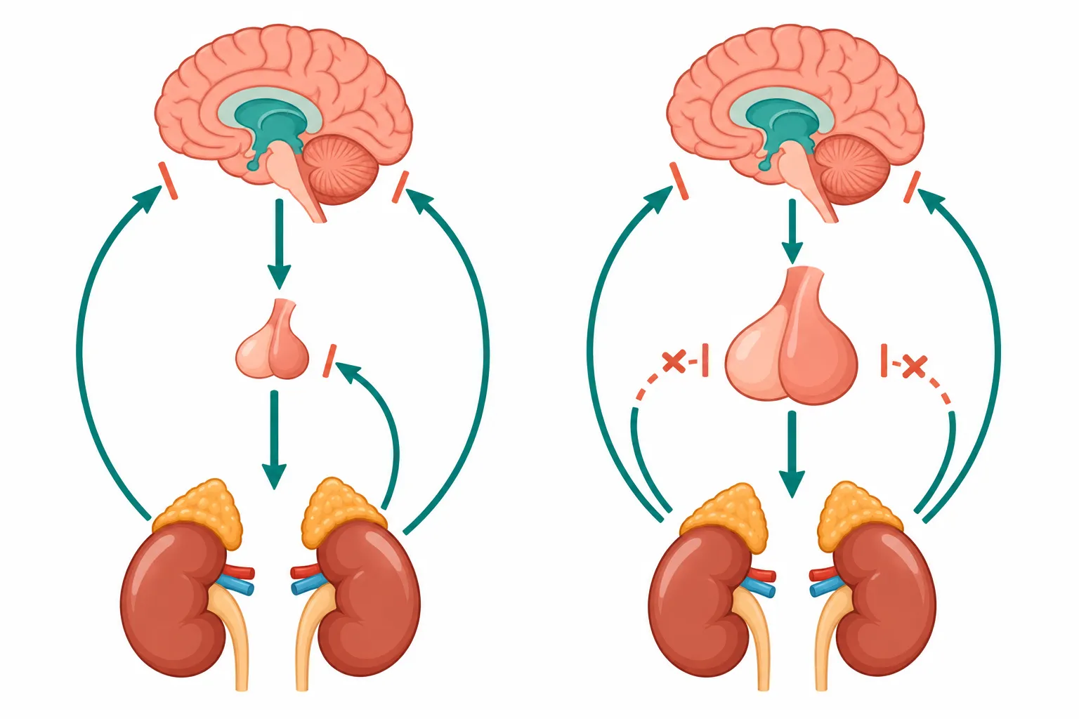 Diagrama do eixo hipotálamo-hipófise-adrenal com setas de feedback negativo e, ao lado, hipófise aumentada que ignora o feedback