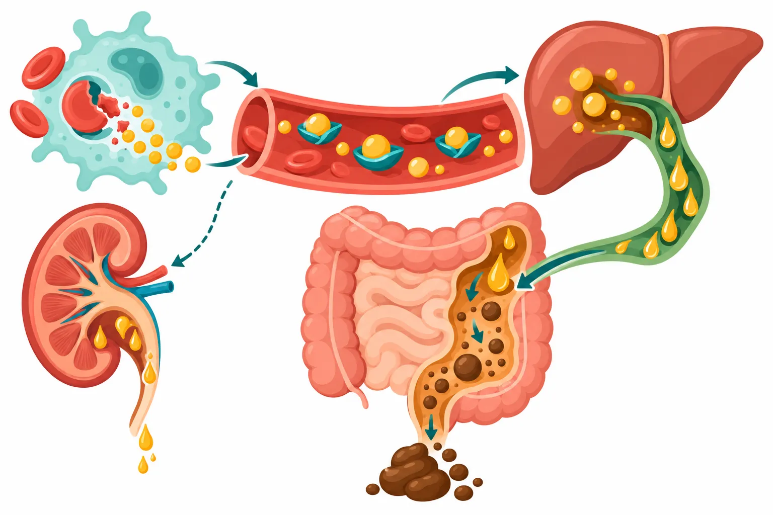 Ciclo da bilirrubina: hemácia degradada por macrófago, transporte ligado à albumina até o fígado, excreção na bile e transformação no intestino