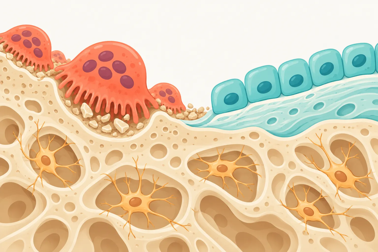 Osteoclastos reabsorvendo osso de um lado e osteoblastos formando nova matriz do outro, com osteócitos dentro do osso
