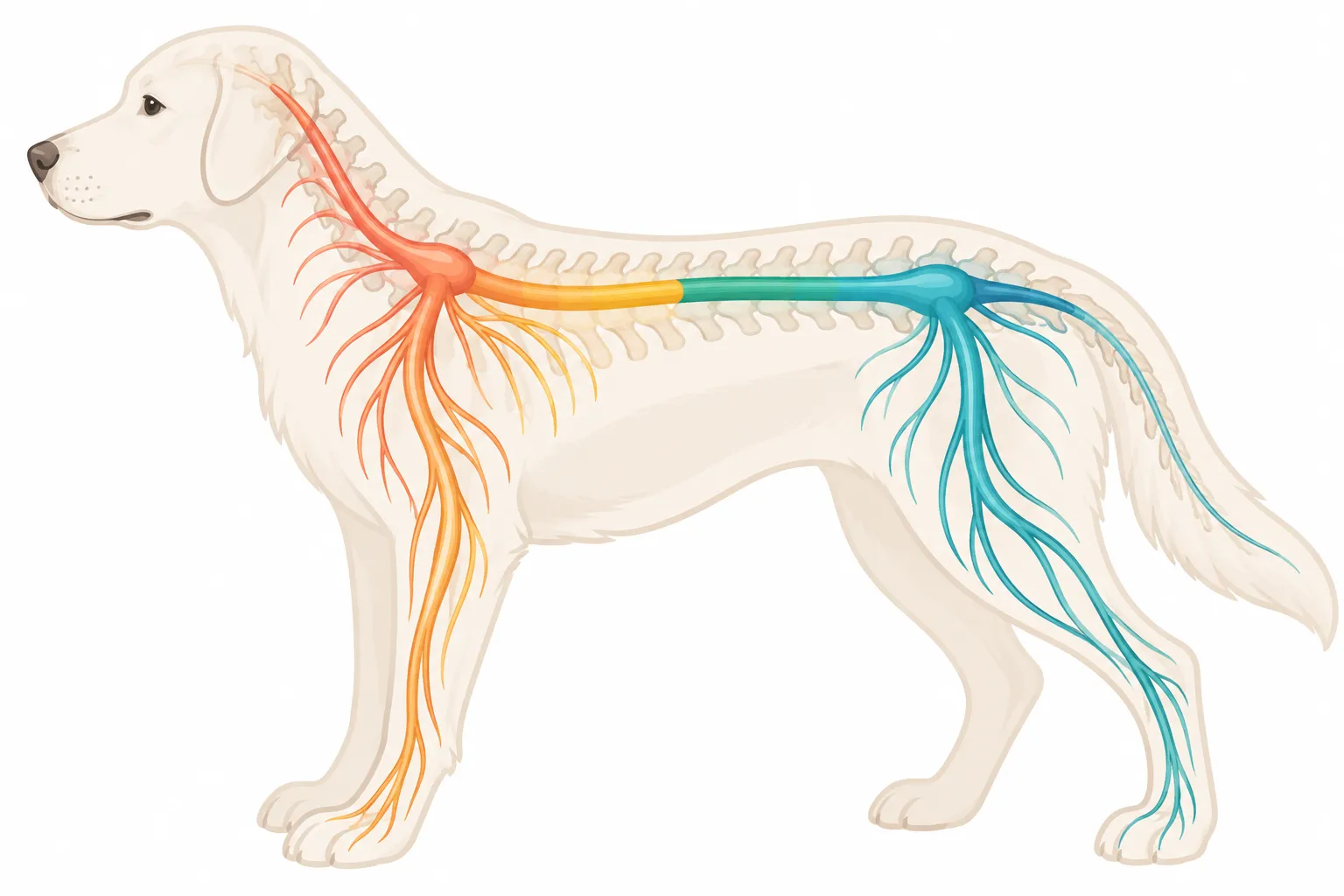 Medula espinhal do cão dividida em quatro regiões, com as intumescências cervicotorácica e lombossacra enviando nervos aos membros