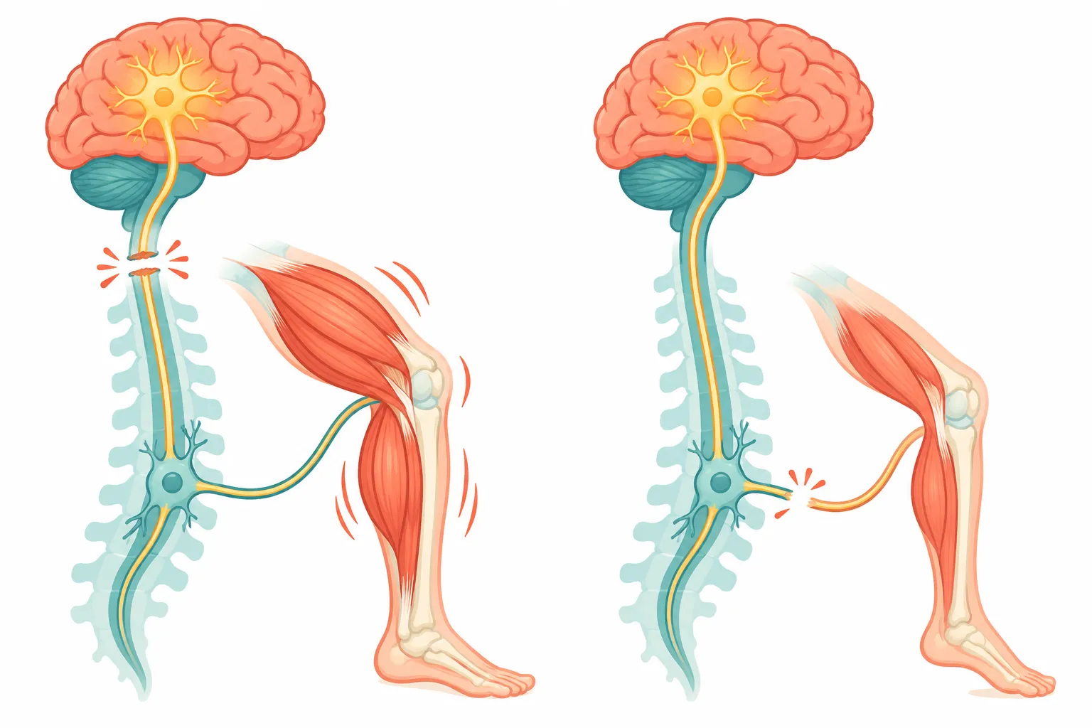 Comparação visual entre lesão no neurônio superior, com membro rígido, e lesão no neurônio inferior, com membro flácido e atrofiado