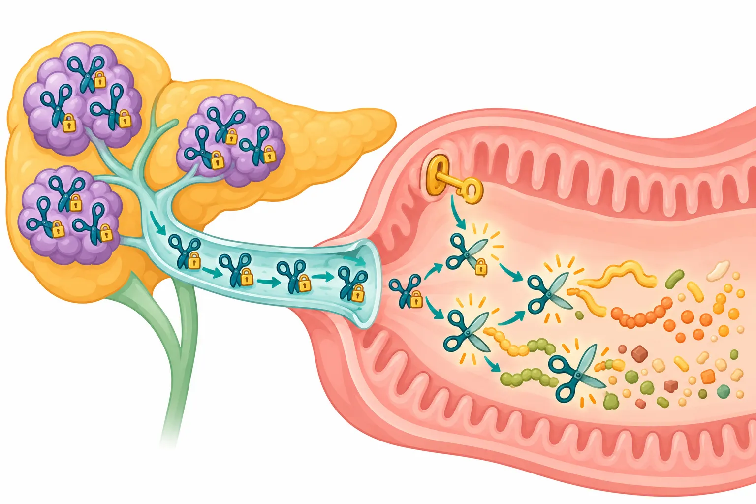 Enzimas pancreáticas representadas como tesouras trancadas que só são destravadas dentro do intestino, em cascata