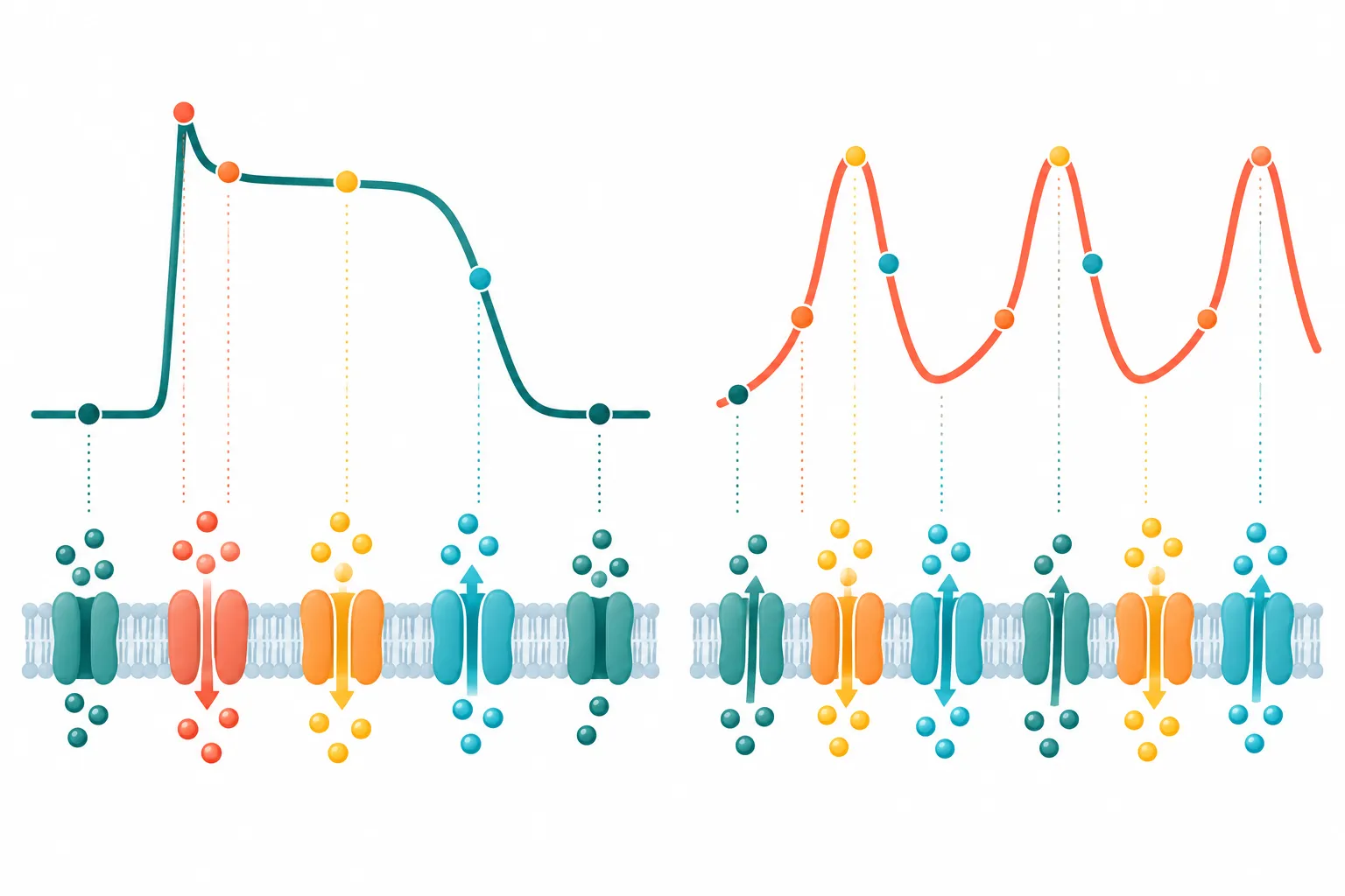 Comparação entre o potencial de ação do miócito, com subida rápida e platô, e o potencial do nó sinoatrial, com rampa lenta de despolarização