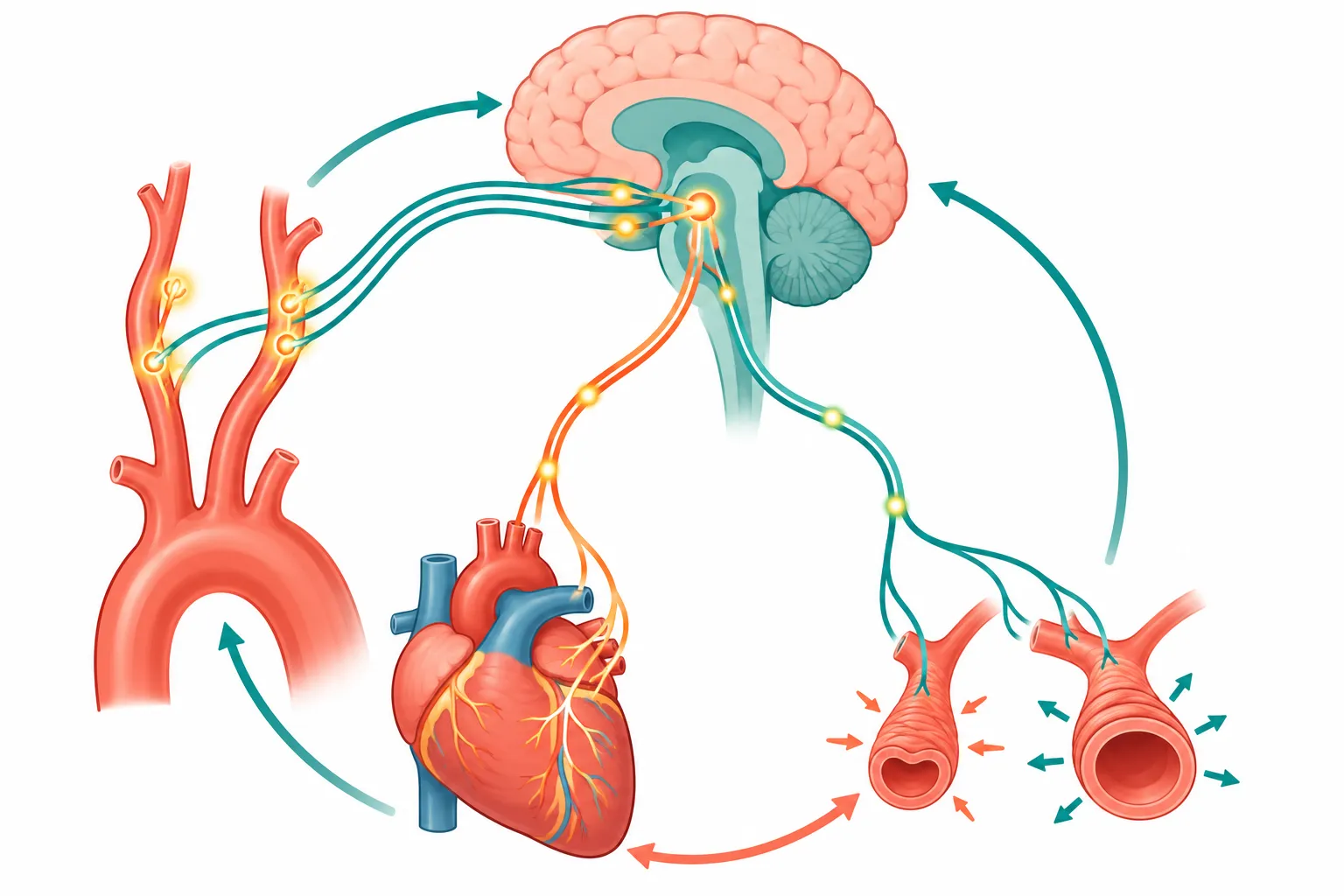 Diagrama em ciclo mostrando sensores na carótida e no arco aórtico enviando sinais ao tronco encefálico, que ajusta coração e arteríolas