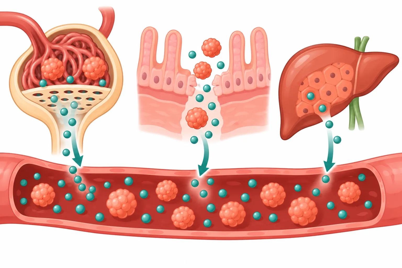 Vaso com albumina e globulinas, mostrando o rim deixando passar só as partículas pequenas, o intestino perdendo ambas e o fígado produzindo menos albumina