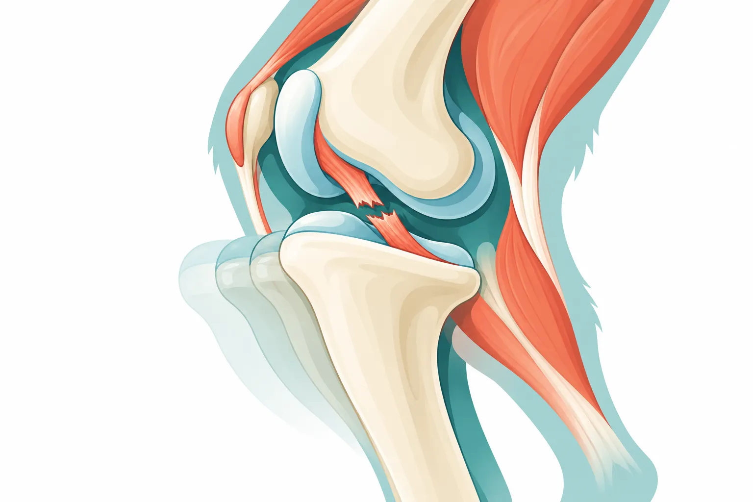 Joelho de cão em vista lateral com o ligamento cruzado cranial rompido e a tíbia deslizando cranialmente em relação ao fêmur