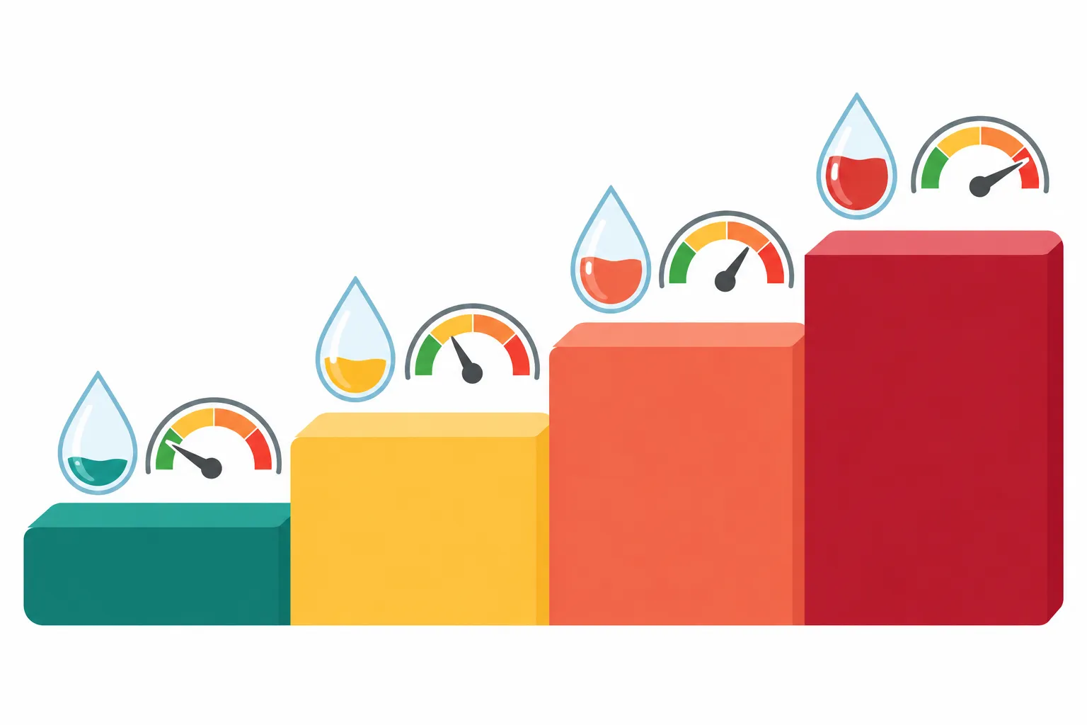 Escada de quatro degraus com cores progressivas, acompanhada de marcadores de proteinúria e de pressão arterial