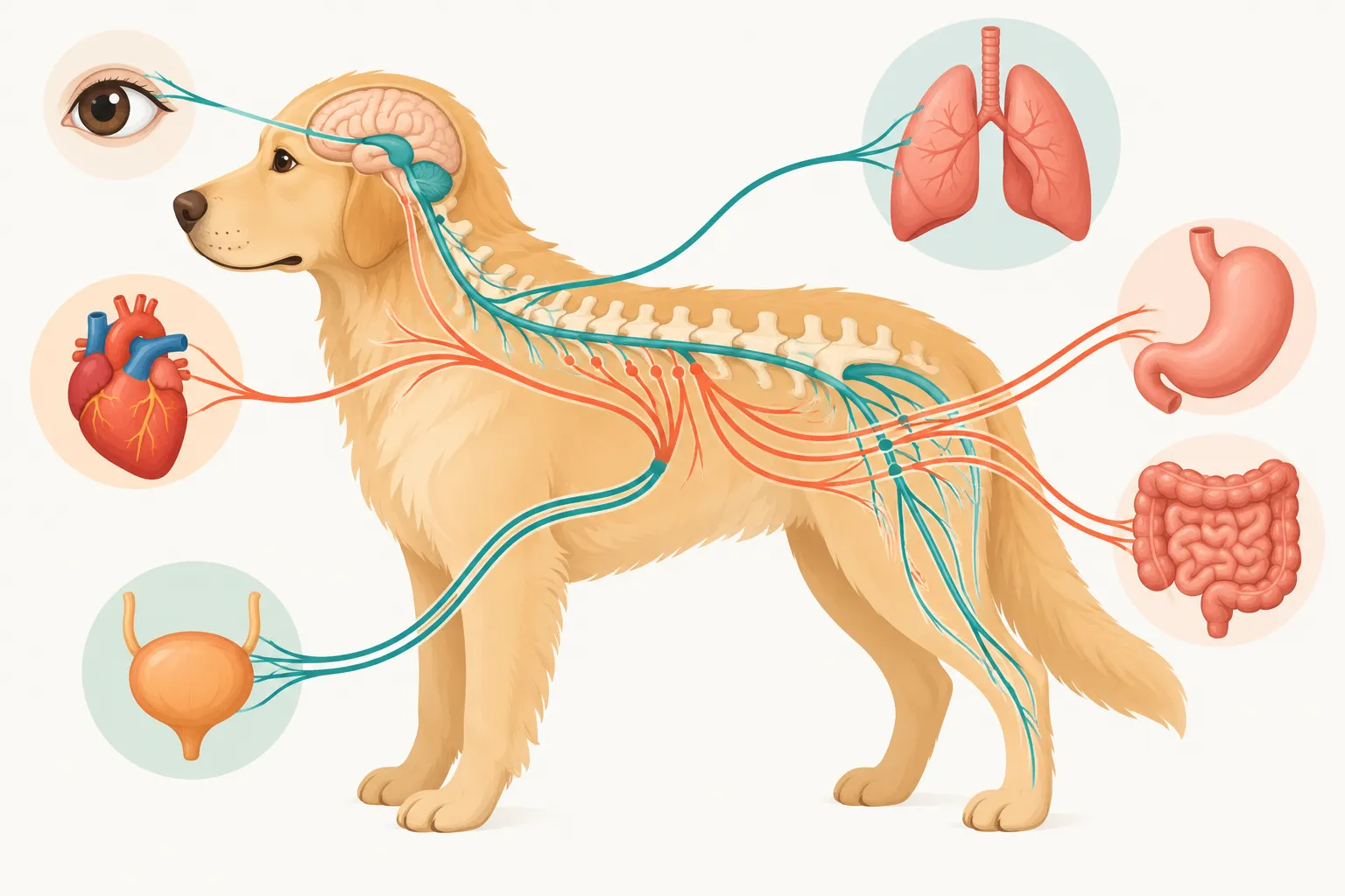 Medula espinhal de um cão com nervos simpáticos (toracolombares) e parassimpáticos (cranianos e sacrais) chegando aos órgãos