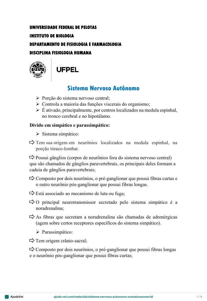 Página de amostra 1 de Sistema Nervoso Autônomo e Somatossensorial