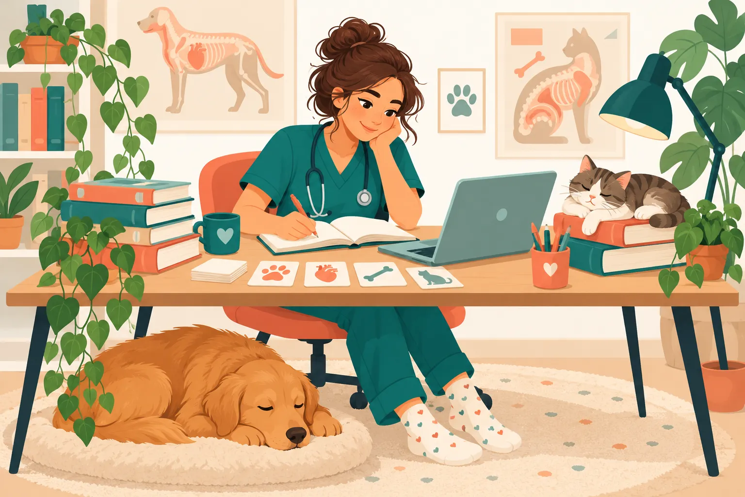 Estudante de veterinária estudando com livros, notebook e flashcards, com um cão dormindo aos pés e um gato sobre a mesa