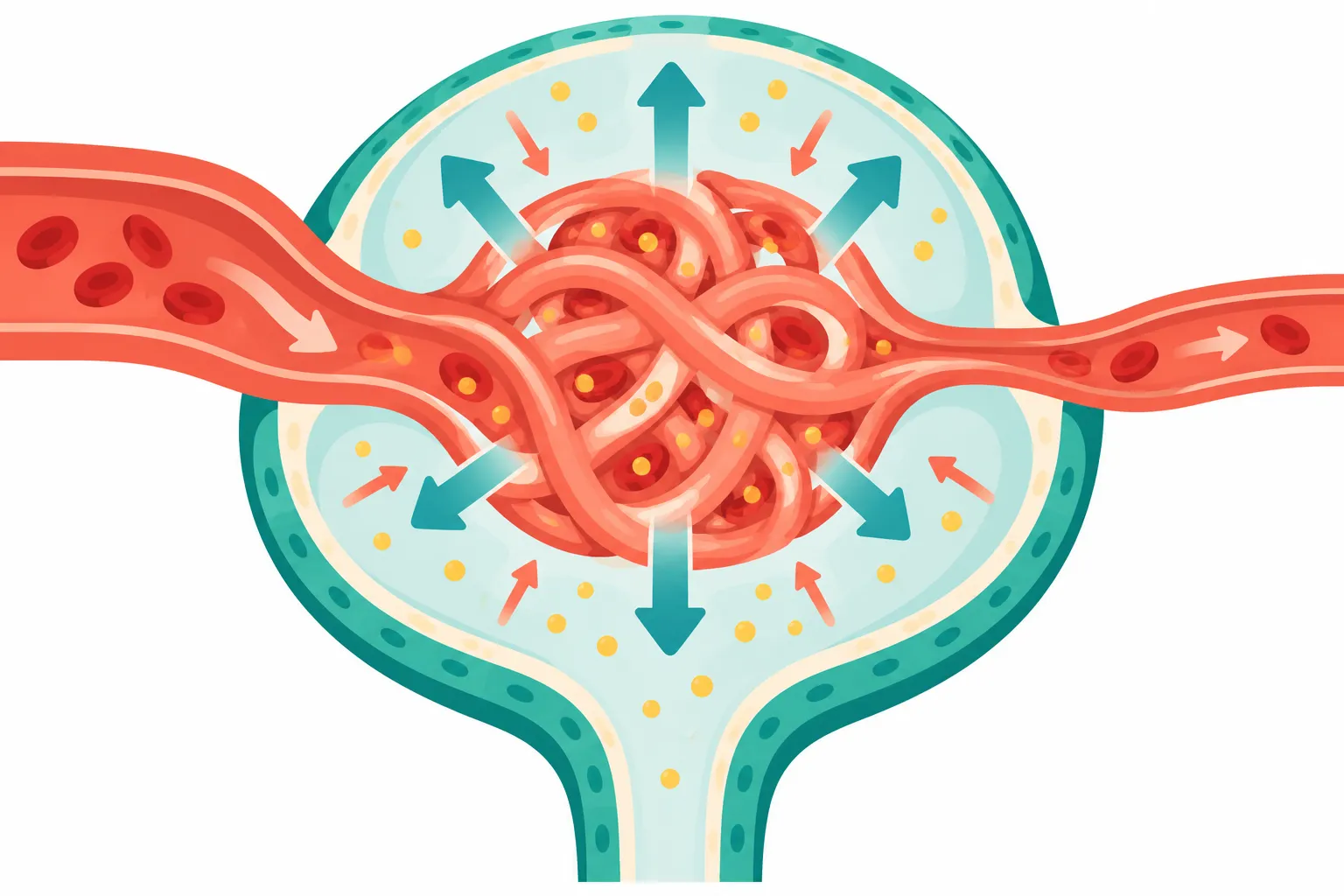 Diagrama de um glomérulo entre as arteríolas aferente e eferente, com setas mostrando as forças a favor e contra a filtração